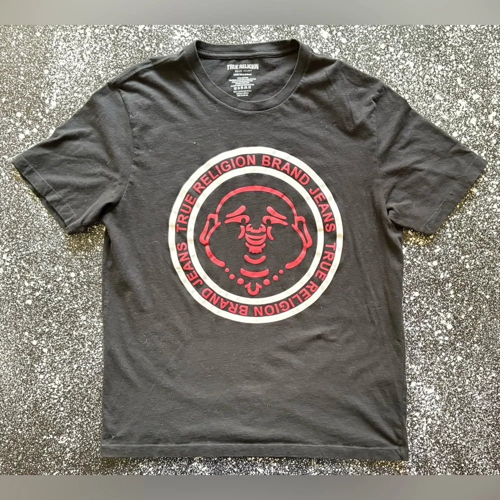 True Religion Men's Black T-Shirt with Red Buddha Logo Size XL